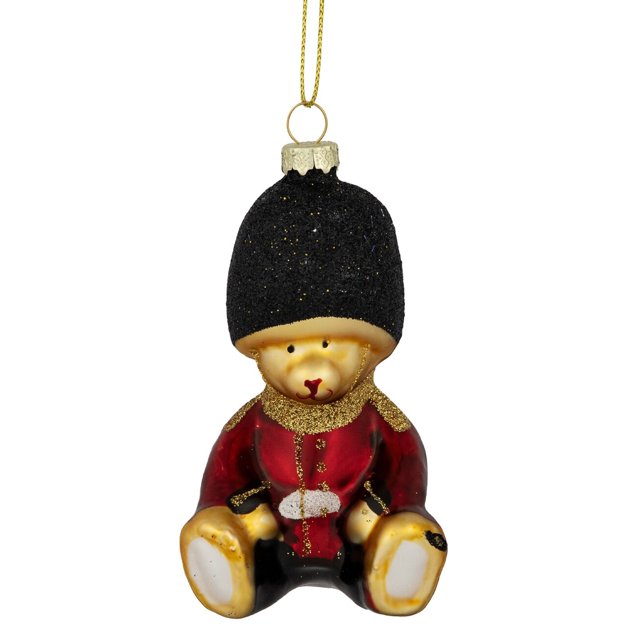 Northlight Glittered Teddy Bear Soldier Glass Christmas Hanging Ornament - 4" - Red and Black